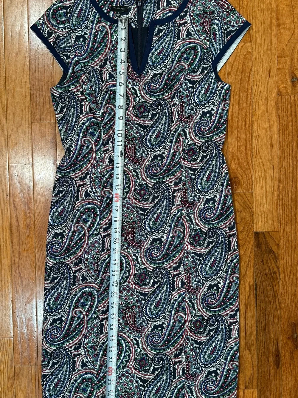 Talbots Navy Paisley Sheath Dress with Teal & Burgundy Accents